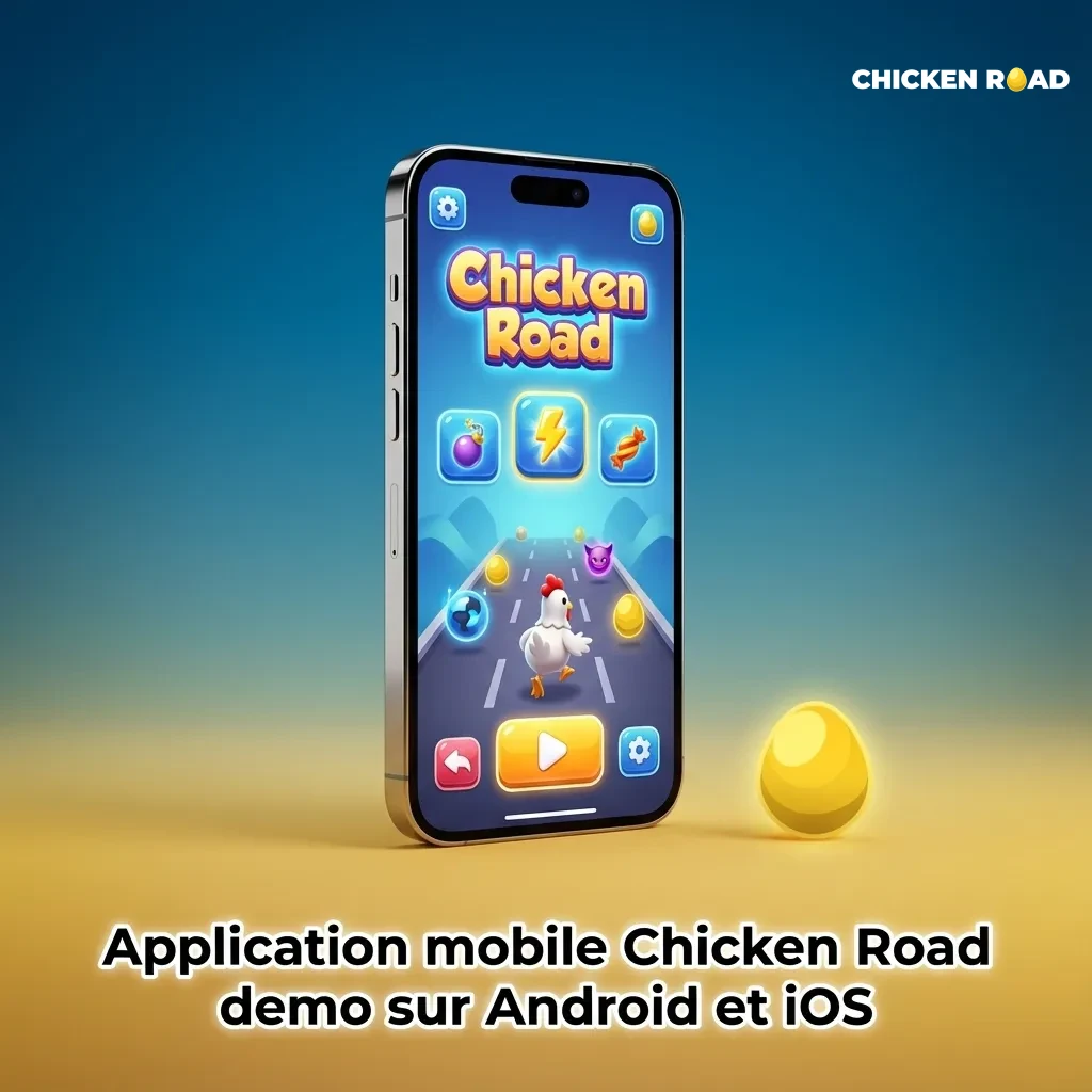 Smartphone affichant la démo du jeu de casino Chicken Road sur l’appli mobile d’un casino, versions Android et iOS.