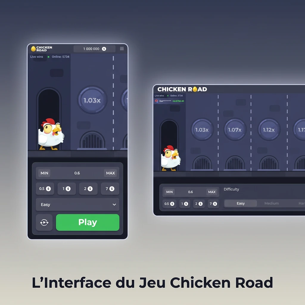 Interface du jeu Chicken Road avec poule, route, multiplicateur en temps réel et boutons de mise visibles à l'écran
